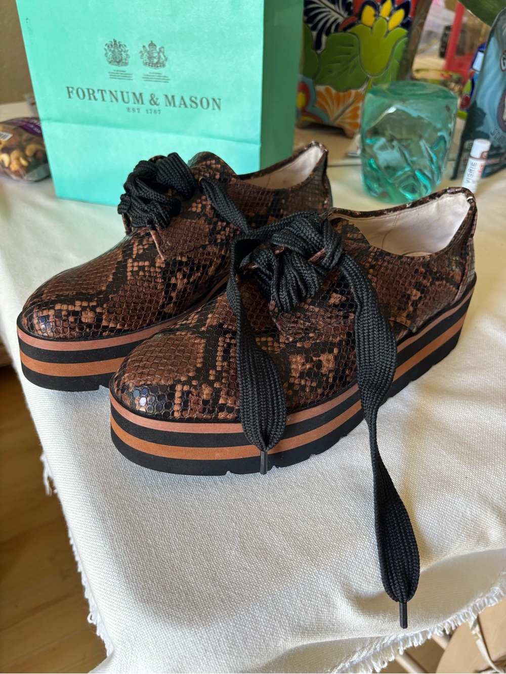 Zara Women’s Brown Snake-Print Platform Lace-Up Shoes